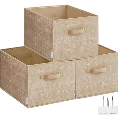 SONGMICS Storage Baskets, Set of 3 Fabric Storage Bins, 15.7 x 11.8 x 9.5 Inches, Foldable Closet Organizer for Shelves, 2 Handles, Label Holders, for Bedroom, Living Room, Sand Beige UROB440K01