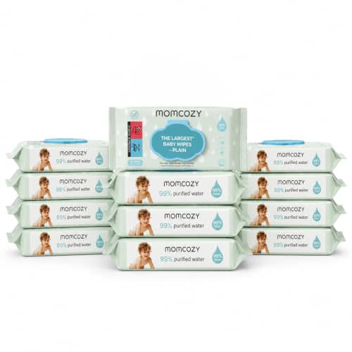 Momcozy PLAIN Baby Wipes Unscented, Minimal Ingredient Formula, 12 Packs | 99% Purified Water Base, Hypoallergenic, Cleansing & Moisturizing Wet Wipes for Sensitive Skin, 720 Count (12 Packs)