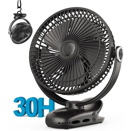 10000mAh 30hrs Portable Fan Rechargeable, 8-Inch Battery Operated Clip on Fan, USB Fans, 4 Speeds, Strong Airflow, Sturdy Clamp for Golf Cart Office Desk Outdoor Travel Camping Bed Truck Treadmill