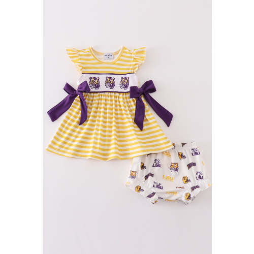 Yellow tiger embroidery LSU girl bloomer set