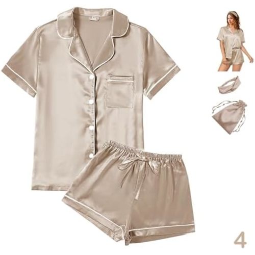 WJing Yi Jia 4Pcs Womens Satin Silky Pajama Sets Short Sleeve Shirt XS-4XL Floral Pajamas Set Soft PJ Loungewear Sleepwear