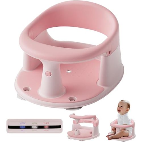 Baby Bath Seat for Babies 6 Months & Up - 360° Protection Baby Bath Chair with Temperature Alert & Cushion | Non-Slip Toddler Bathtub Seat | Newborn Infant Bath Tub Seats for Babies Sitting Up (Pink)