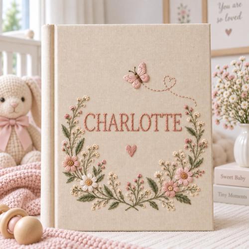 Personalized Hand Embroidered Baby Photo Album, Floral Baby Name Album, Linen Photo Album 100 or 200 Photos, Baby Shower Gift