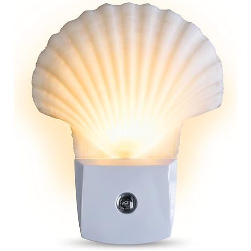 Nautical Crush Trading Seashell Night Light – Auto Beach Night Light with White Clam – Shell Light for Bathroom – Sea Shell Lamp – Seashell Lamp Plug Into Wall