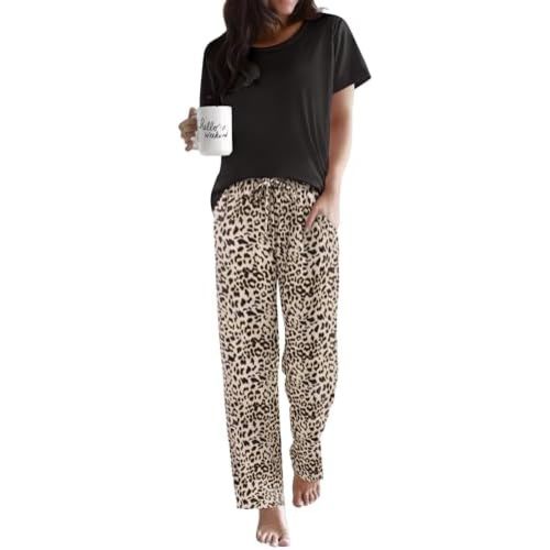 Ekouaer Pajama Sets for Women Round Neck Pjs Short Sleeve Sleepwear with Long Pants Loose Lounge Sets