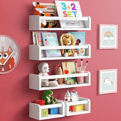 HOMEY PANDA Wall-Mounted Nursery Bookshelves - 3 Long + 2 Mini Shelves, Kids Room Storage (White Pine Wood)