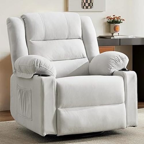 360°Swivel Rocker Recliner Chair for Adults,Manual Glider Recliner Sofa with Massage and Heating, Nursery Rocking Chairs with Cup Holds for Living Room Bedroom (Beige)