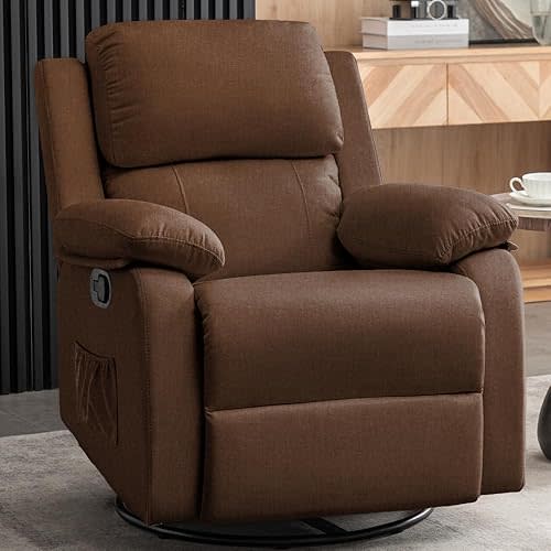 Recliner Chair, 360 Swivel Rocker Chair for Adults, Small Rocking Recliner Chair for Small Spaces, Upholstered Fabric Glider Recliner Nursery Chair with Side Pockets for Nursery, Living Room