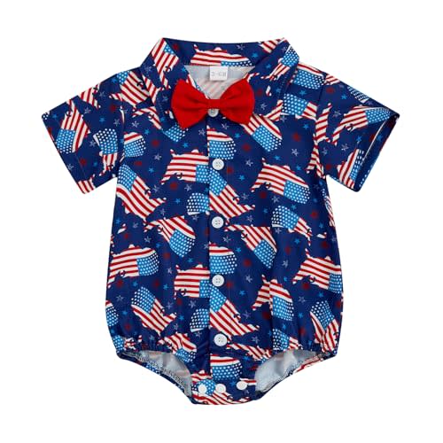 Newborn Baby Boy 4th of July Outfit Dress Shirt Bodysuit Button Down Short Sleeve Bowtie Romper One Piece Outfit