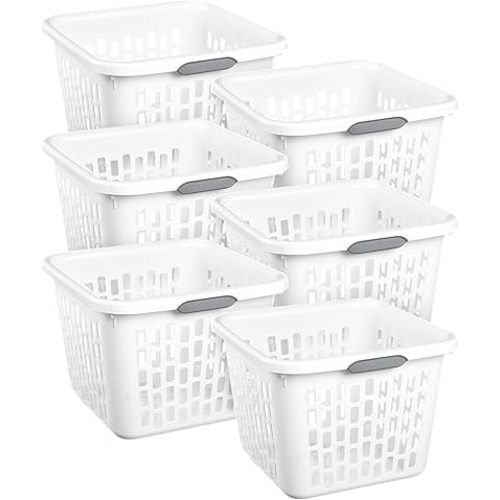 Sterilite Paquete de 6 Cestas de Lavandería Cuadradas con Capacidad de 1.5 Bushel, Blanco – Almacenamiento de Cesta de Ropa de Plástico con Agujeros Rectangulares Ventilados y Asas de Agarre Grandes y