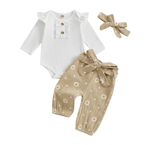 Kaipiclos Newborn Infant Girl Clothes Rib Knit Romper Ruffle Sleeve Daisy Print Pants Baby Clothes Girls 0 3 6 12 18 24 Month