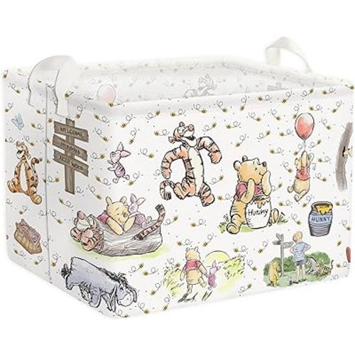 Room Decor, Pooh Storage Nursery Basket With Hard Bottom Large Square Canvas Cotton Laundry Hamper Bin with Waterproof PE Coating Storage Foldable Bathroom and Bedroom Stuff Clothes