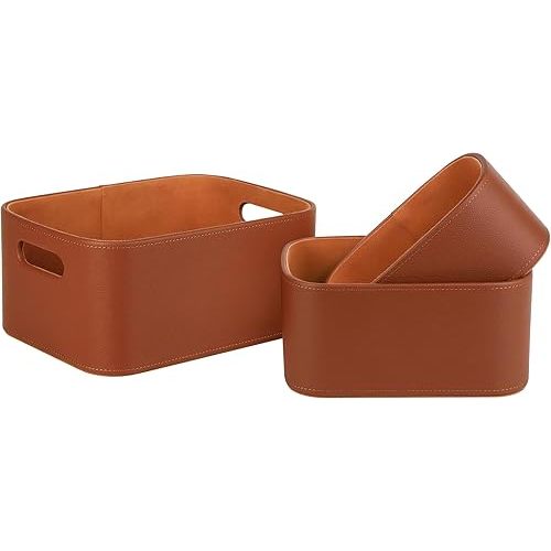 HofferRuffer Faux Leather Storage Baskets Bins with Velvet Lining for Organizing, Storage, Gifts, Set of 3 Nesting Shelf Baskets Decorative Storage Boxes for Home Organization (Brown)