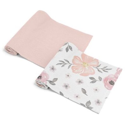 Sweet Jojo Designs Baby Girl Muslin 100% Cotton Swaddle Blankets Set Watercolor Floral Pink and Grey 2pc