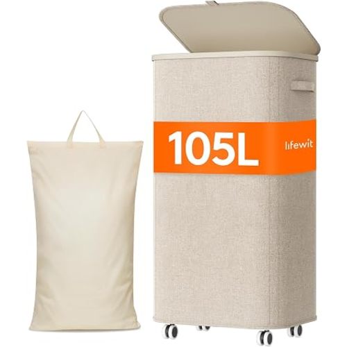 Lifewit 105L Large Laundry Basket with Wheels and Lid, Beige