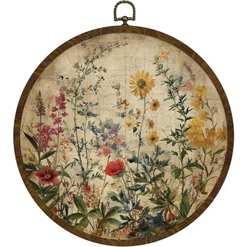KLYTINK Vintage Wildflower Round Wall Art, 10x10 Inch European Classical Still Life Flower Canvas Prints, Elegant Botanical Wall Hanging Decor for Living Room or Bedroom Kitchen (Beige-Floral)