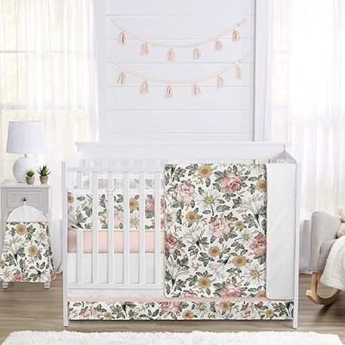 Sweet Jojo Designs Blush Pink Yellow Vintage Floral Boho Girl Baby Crib Bedding Set Infant Nursery BreathableBaby Breathable Mesh Crib Liner Blanket Sheet Skirt 6 PC Bohemian Shabby Chic Rose Flower