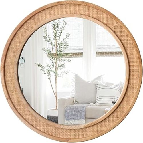 Round Rattan Mirror 24" Circle Wall Mirror Farmhouse Wooden Vanity Mirror