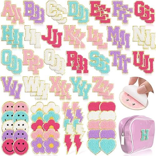 118Pcs Preppy Chenille Patches Self Adhesive Embroidered for DIY Clothing,Include 78 A-Z Chenille Letter Patches Stickers,40 Smiley Flower Lighting Heart Stick on Patches for Bags Backpacks Hats