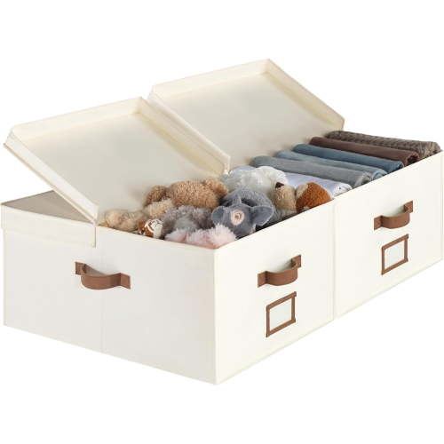 2-Pack Extra Large Fabric Storage Bins with Double-Open Lid & Divider, 55L Stackable Closet Organizer Boxes with Handles, Ivory White