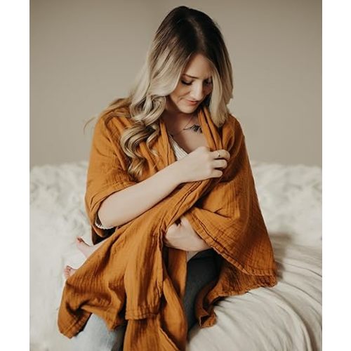 Indi by Kishu Baby Organic Muslin Nursing Cover – Fairtrade Shawl-Style Breastfeeding Cover, Breathable Scarf Wrap for Moms, Privacy Nursing Cover Up (Caramel)