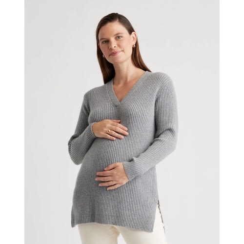Mongolian Cashmere Ribbed Side Zip Maternity Sweater in Heather Grey