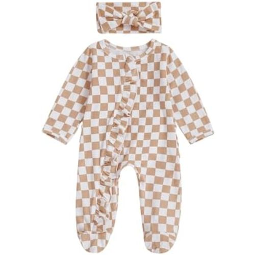 Karuedoo Newborn Baby Girl Clothes Checkered Ruffle Long Sleeve Zipper Footie Romper One-Piece Footed Jumpsuit Sleeper