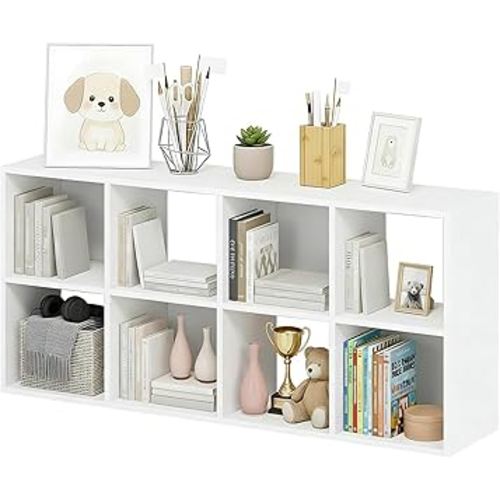 8-Cube Storage Organizer, White Bookshelf with Open Compartments for Home Office, Modern Bookcase Display Shelf for Living Room, Bedroom & Entryway