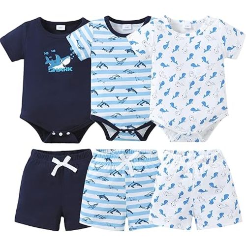 Jecson Newborn Boy Clothes Baby Boy Outfits Summer Set 6-Piece Cotton Short Sleeve Top and Shorts for 0-18M
