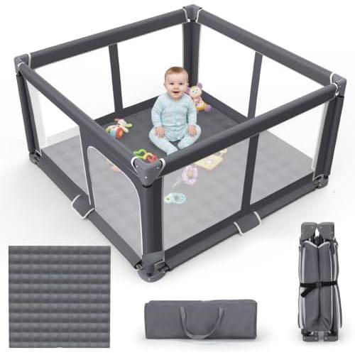 Foldable Baby Playpen with Mat, 50"x50" Safety Play Yard for Babies & Toddlers - Indoor & Outdoor Use with Carry Bag - Collapsible, Portable Play Yard, Dark Gray
