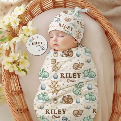 Personalized Dragon Baby Swaddle Blanket Hat Set Custom Name Baby Gift Dragon Nursery Newborn Boy Girl Baby Shower Gift Hospital Coming Home