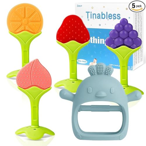 Tinabless Baby Teething Toys 5 Pack, Silicone Teether Mitten and Baby Keys for 3+ Months, BPA-Free Food Grade Silicone Chew Toys for Gum Relief, Freezer Safe, Blue