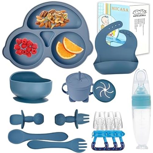 Silicone Baby Feeding Set,Miicasa Baby Led Weaning Supplies Kit With Suction Bowl & Car Plate, Bib, Spoon, Fork, Cup - Food-Grade Silicone, Dishwasher-Safe, No BPAs - For 3+ Months