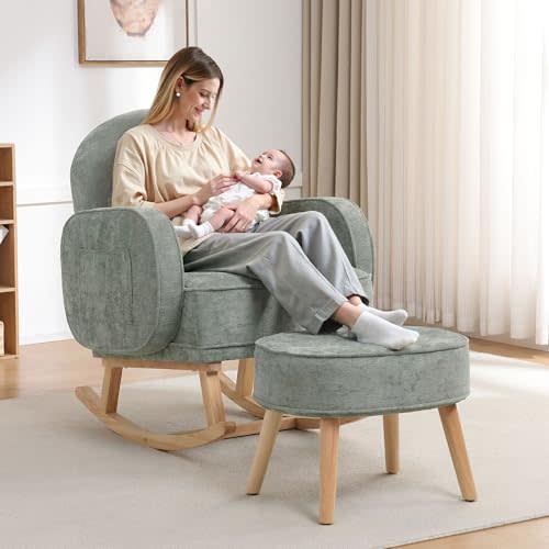 HCHAIRH Rocking Chair with Ottoman, Upholstered Glider Rocker with High Backrest and Side Pocket, Comfy Chenille Reading Chair with Solid Wood Legs for Nursery, Living Room,Bedroom Pale Green