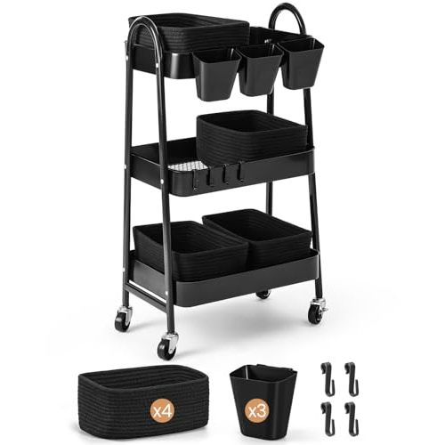 3-Tier Rolling Utility Cart with 4 Woven Baskets, Diaper Book Snack Cart, Storage Organizer for Nursery, Kitchen, Craft Room, Home SPA, Living Room, Metal Frame Trolley on Lockable Wheels, Black