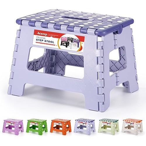ACSTEP 9 Inch Folding Step Stool 300 LB Capacity Plastic Foldable Step Stools for Kids and Adults, Folding Stool Suitable for Kitchen, Stepping Stool with Handle Bicolor Purple Small Step Stool 1PC