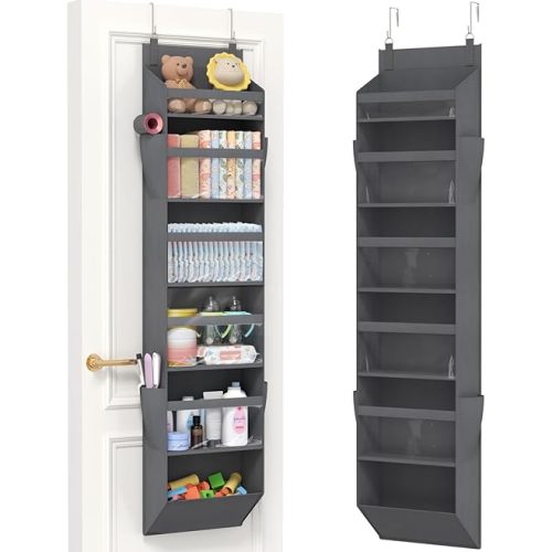 Lifewit 1 Pack Over the Door Organizer, Clear Window Hanging Storage with 4 Side Pockets, Anti Tilt 40 lbs Load Behind Door for Pantry, Nursery, Bathroom, Bedroom, Dorm, 6 Section, Gray