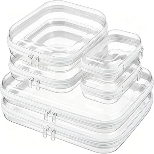 6 Pcs Clear Hard Shell Zipper Case – Clear Makeup Bag Set 2S/2M/2L, See-Through Hard Plastic Organizer Pouches with Double Zipper, Crush-Resistant Travel Toiletry Bag for Cosmetics,Toys