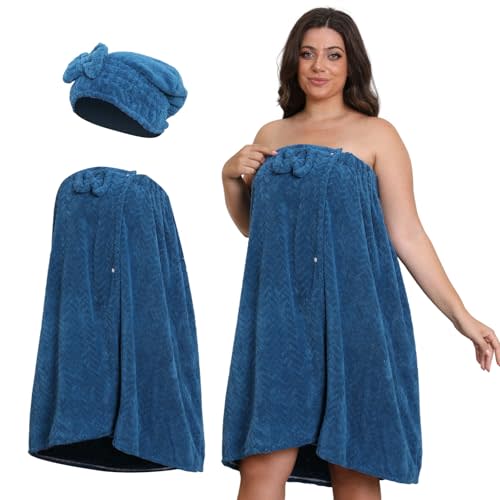 Bath Towel Wrap for Women (XXL-XXXXL) with Hair Towel, Oversize Shower Wrap Dress Spa Bathrobe, Comfortable Adjustable Body Wrap, Dry Quickly, 82.68x31.5'',