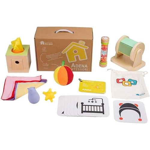Adena Montessori Play Kit for 0-6 Month Baby,8 in 1 Learning Kit Includ Black&White Card,Rainmake Rattle,Sensory Ball,Tummy Time Wobbler,Tissue Box,Tissue,Rainbow Ball,Rainbow Drum