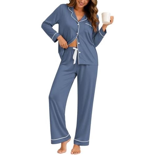 ZMJ Womens Pajamas Sets 2 Piece Long Sleeve and Pant Pj Sets Button Up Sleepwear