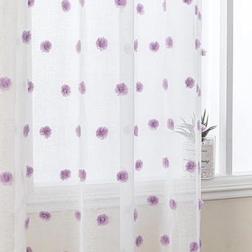MYSKY HOME Purple Curtains for Girls Bedroom 84 Inch Long White Sheer Curtains with Lilac Pom Pom for Living Room Nursery Curtains 2 Panels Light Filtering Rod Pocket Semi Window Drapes 52 x 84 inch