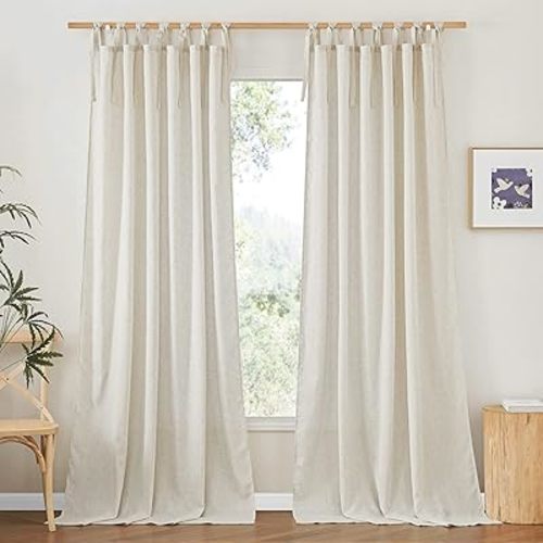 NICETOWN Natural Thick Linen Curtains for Living Room, Tie Top Light Filtering Window Curtains & Drapes Privacy with Light Filtering Drapes Casual for Bedroom/Daughter Room, W52 x L96