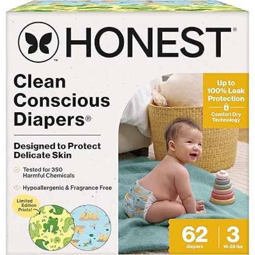 The Honest Company Clean Conscious Diapers®, Up to 100% Leak Protection, Designed to Protect Delicate Skin, Hypoallergenic + Fragrance-Free, UR Ribbiting + Waddle It Be, Club Box, Size 3, 62 Count