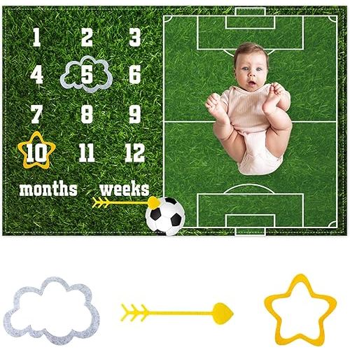 Soccer Theme Baby Monthly Milestone Blanket Football Sports Nursery Decor Photography Background Newborn Growth Record Prop 60"x40" with Frames