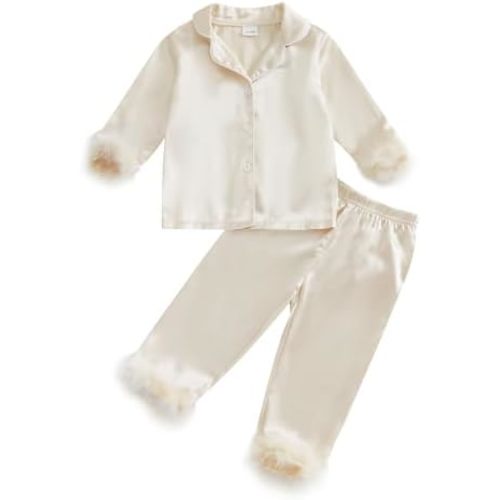 MAINESAKA Toddler Baby Girl Satin Pajamas Set Feather Trim Long Sleeve Button Down Tops Long Pants 2Pcs Pjs Sleepwear Outfits