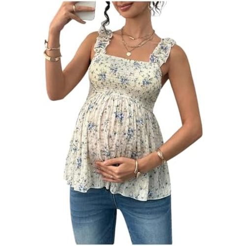 Milumia Women's Maternity Floral Smocked Peplum Tank Top Square Neck Sleeveless Summer Tops