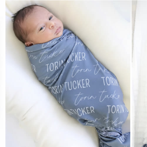Personalized Dusty Blue Baby Name Swaddle Blanket - Block & Script