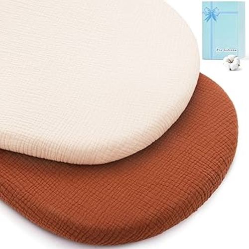 Pro Goleem Muslin Bassinet Sheets, 100% Cotton Breathable Soft Fitted Baby Pad Protector for Boys Girls, Fit Oval/Hourglass/Rectangular Bassinet Mattress, Neutral, 2 Pack (Brown&Beige)