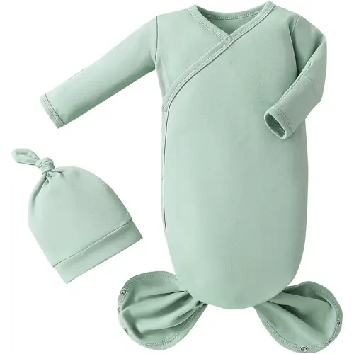 MVUOCR Newborn Knotted Baby Gowns, Soft Cotton Baby Sleeper Gowns, Newborn Sleepers Gown for Girls and Boys, Nightgowns Infant Coming Home from Hospital Outfit with Hat Set Green
